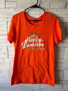 Harley-Davidson Orange Tee with White Logo and Teal Accent Womens xl